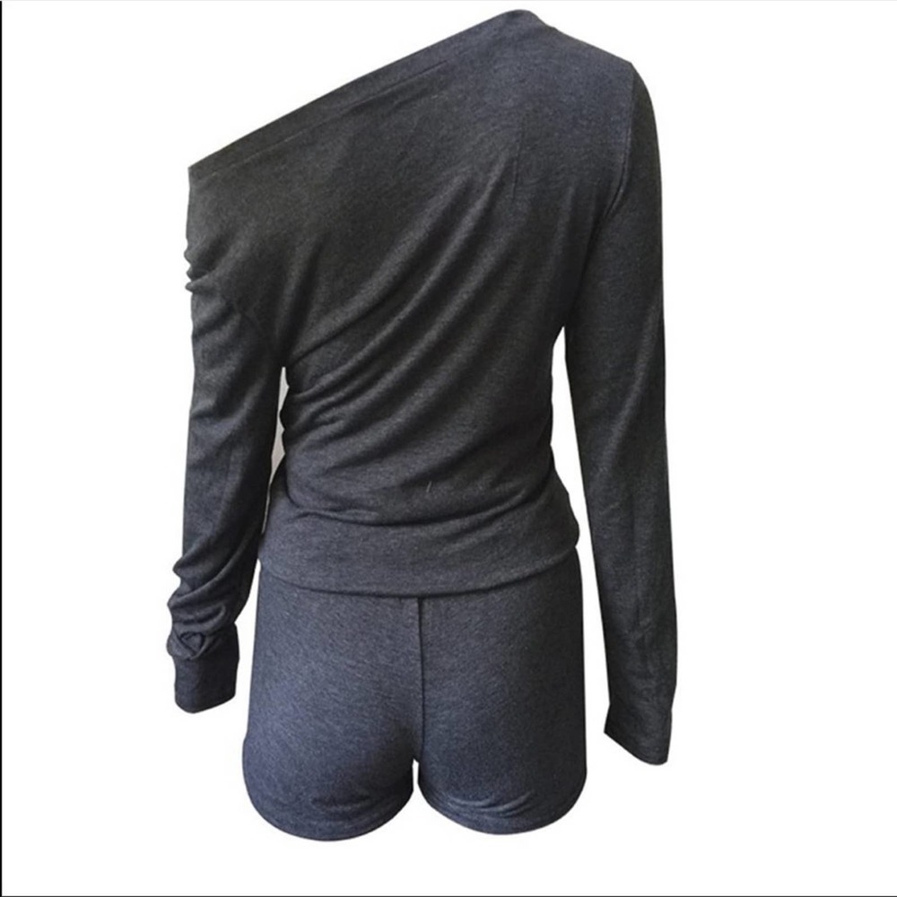 Gray Long Sleeve Single Shoulder Romper Jumper - Picture 3 of 6